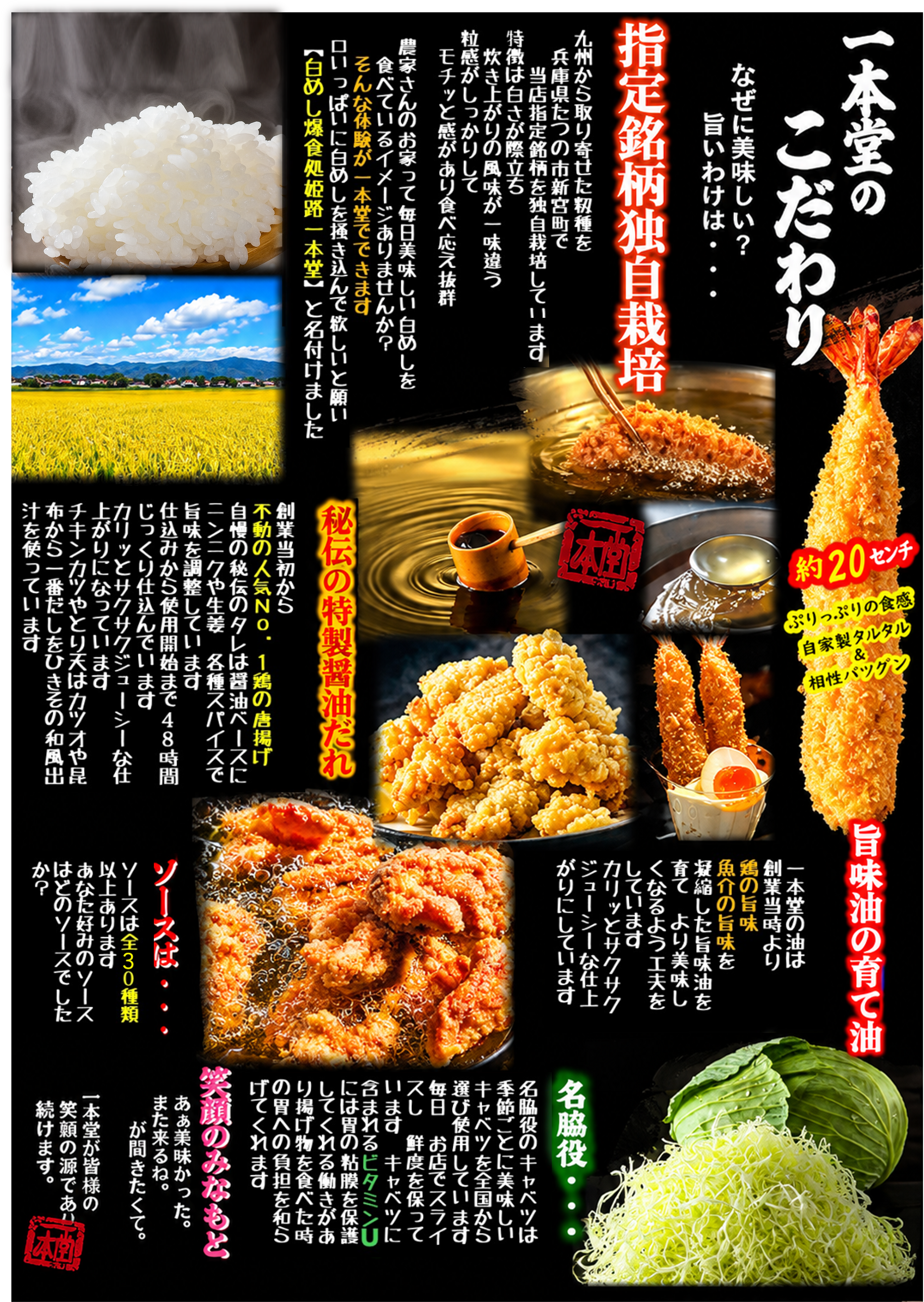 白めし爆食処 姫路 一本堂のこだわり（指定銘柄独自栽培米・秘伝の特製醤油だれ・旨味油・名脇役キャベツ・全30種ソース）